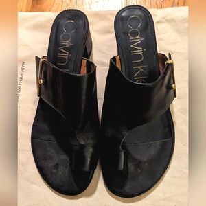 Calvin Klein Black Leather Slide Sandals with Gold Buckle